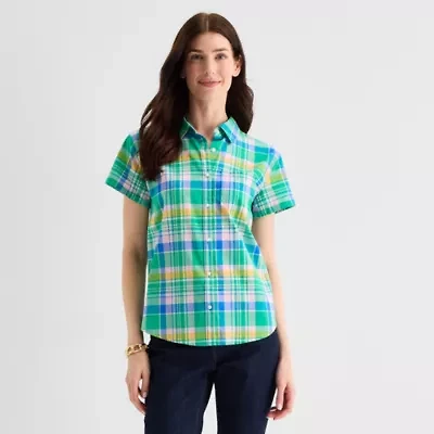 St. John's Bay Womens Short Sleeve Regular Fit Button-Down Shirt