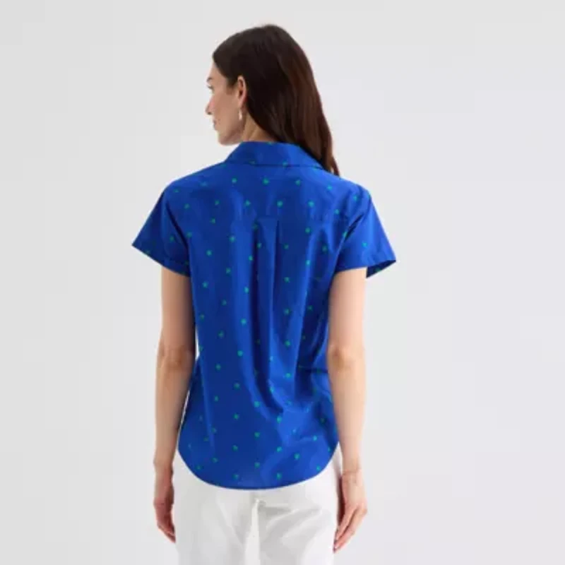 St. John's Bay Womens Easy-on + Easy-off Hidden Access Opening Roll Short Sleeve Regular Fit Button-Down Shirt