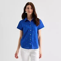 St. John's Bay Womens Easy-on + Easy-off Hidden Access Opening Roll Short Sleeve Regular Fit Button-Down Shirt