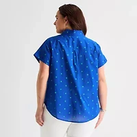St. John's Bay Womens Plus Roll Short Sleeve Regular Fit Button-Down Shirt