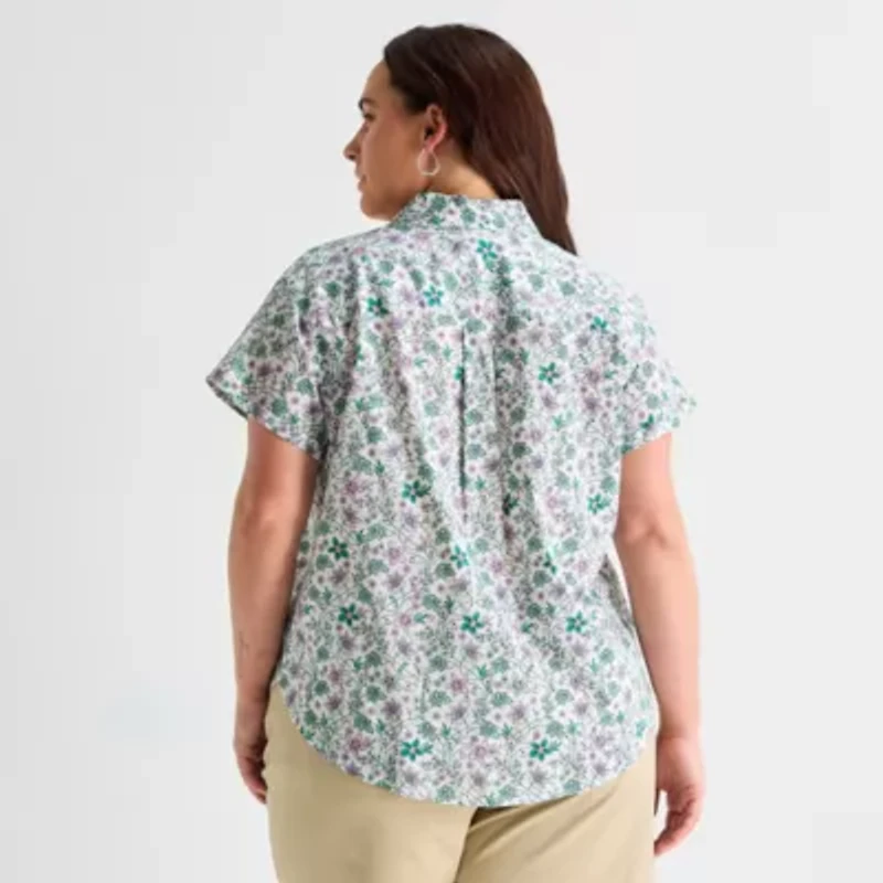 St. John's Bay Womens Plus Roll Short Sleeve Regular Fit Button-Down Shirt