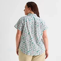 St. John's Bay Womens Plus Roll Short Sleeve Regular Fit Button-Down Shirt