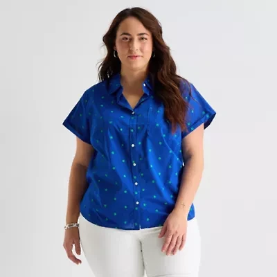 St. John's Bay Womens Plus Roll Short Sleeve Regular Fit Button-Down Shirt