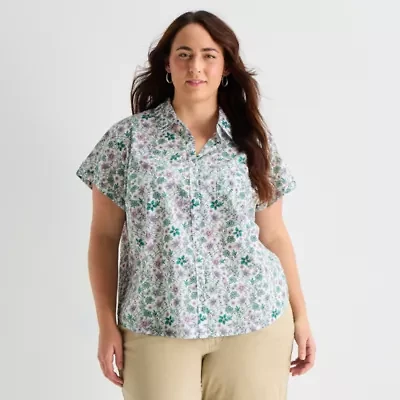 St. John's Bay Womens Plus Roll Short Sleeve Regular Fit Button-Down Shirt