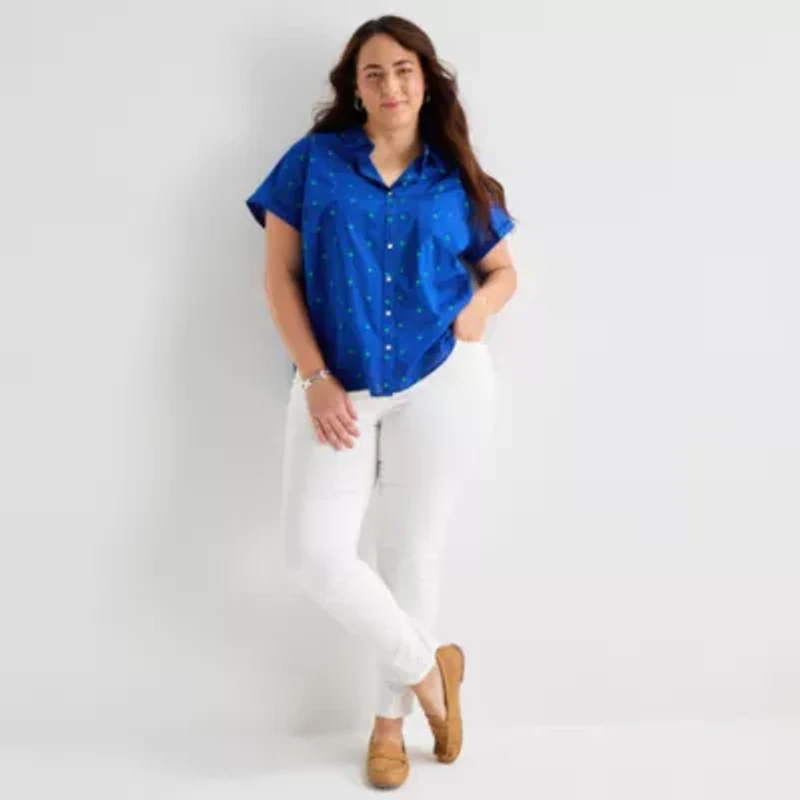 St. John's Bay Womens Plus Roll Short Sleeve Regular Fit Button-Down Shirt