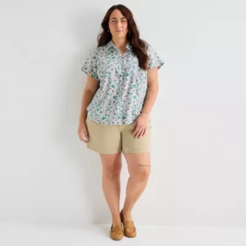 St. John's Bay Womens Plus Roll Short Sleeve Regular Fit Button-Down Shirt