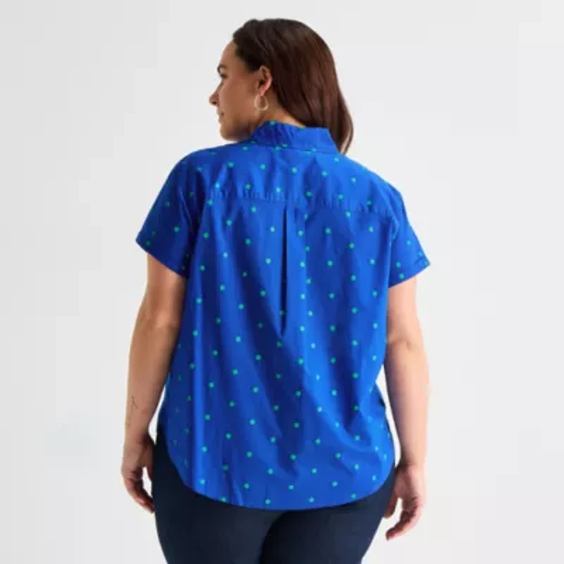 St. John's Bay Womens Plus Easy-on + Easy-off Hidden Access Opening Roll Short Sleeve Regular Fit Button-Down Shirt
