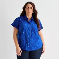 St. John's Bay Womens Plus Easy-on + Easy-off Hidden Access Opening Roll Short Sleeve Regular Fit Button-Down Shirt