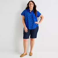 St. John's Bay Womens Plus Easy-on + Easy-off Hidden Access Opening Roll Short Sleeve Regular Fit Button-Down Shirt
