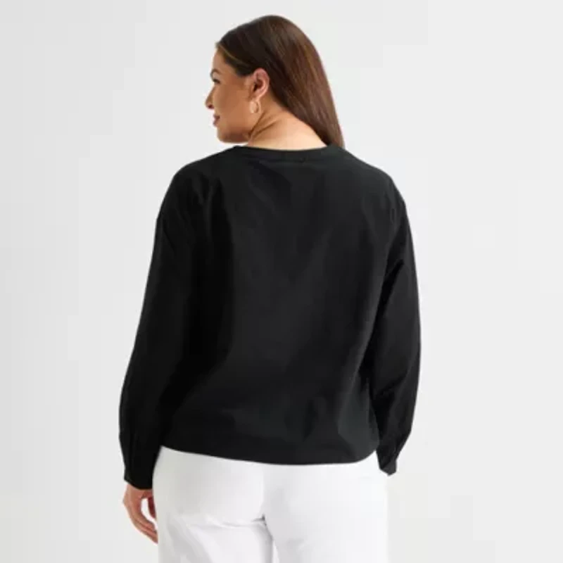 Liz Claiborne Womens Plus Crew Neck Long Sleeve Blouse