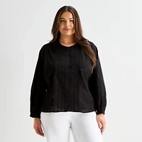 Liz Claiborne Womens Plus Crew Neck Long Sleeve Blouse