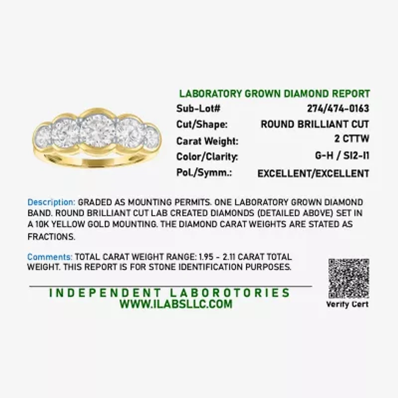 G-H / Si2-I1 Womens 7.5MM 2 CT. T.W. Lab Grown White Diamond 10K Gold 5-Stone Anniversary Band