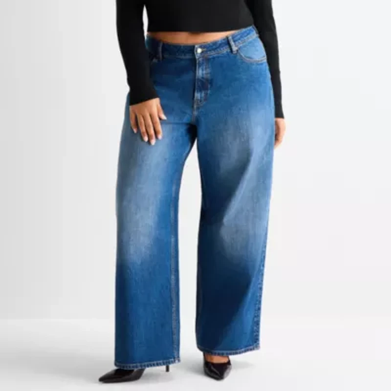 Ashley Graham Slouchy Womens Plus High Rise Wide Leg Jean