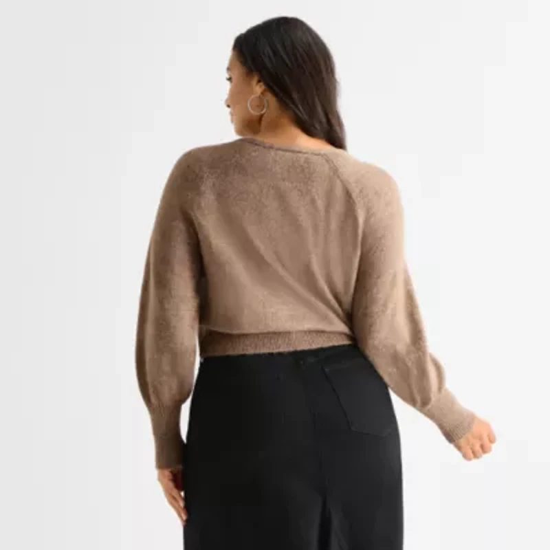 Ashley Graham Womens Plus Blouson Sleeve Zip Front Cardigan