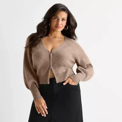 Ashley Graham Womens Plus Blouson Sleeve Zip Front Cardigan