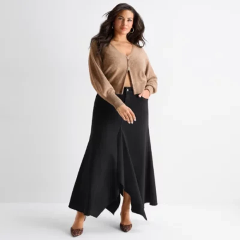 Ashley Graham Womens Plus Blouson Sleeve Zip Front Cardigan