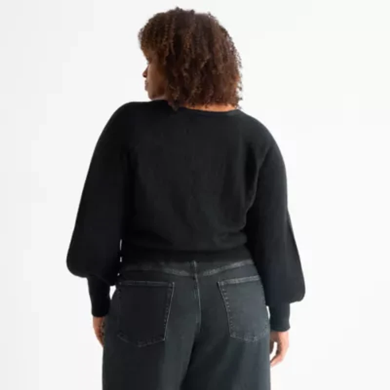 Ashley Graham Womens Plus Blouson Sleeve Zip Front Cardigan