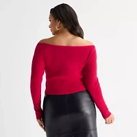Ashley Graham Womens Plus Off the Shoulder Long Sleeve Top