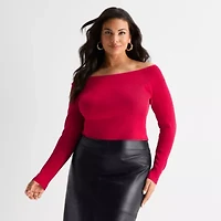 Ashley Graham Womens Plus Off the Shoulder Long Sleeve Top