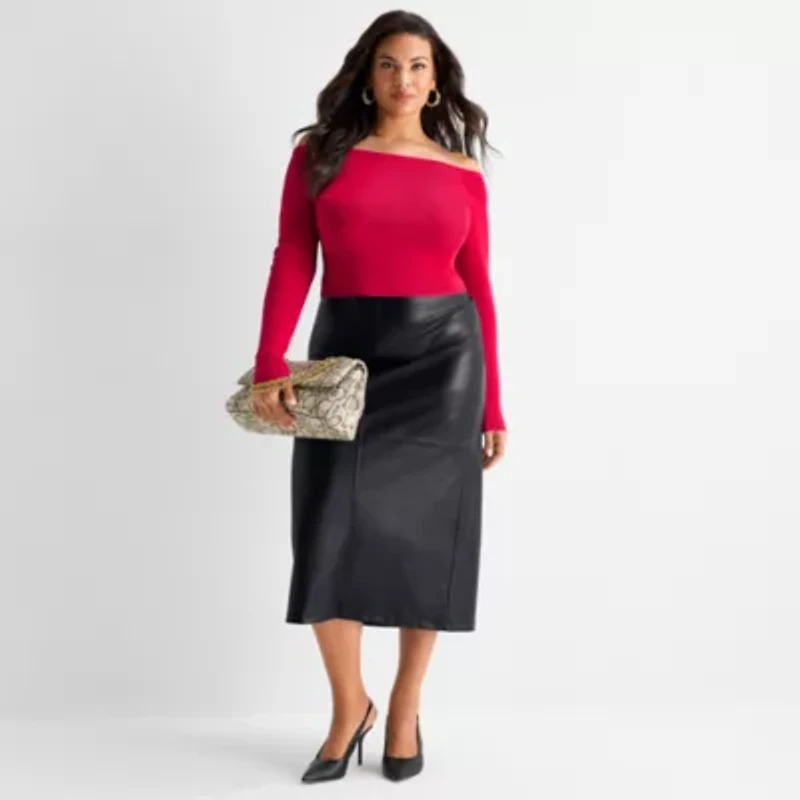 Ashley Graham Womens Plus Off the Shoulder Long Sleeve Top