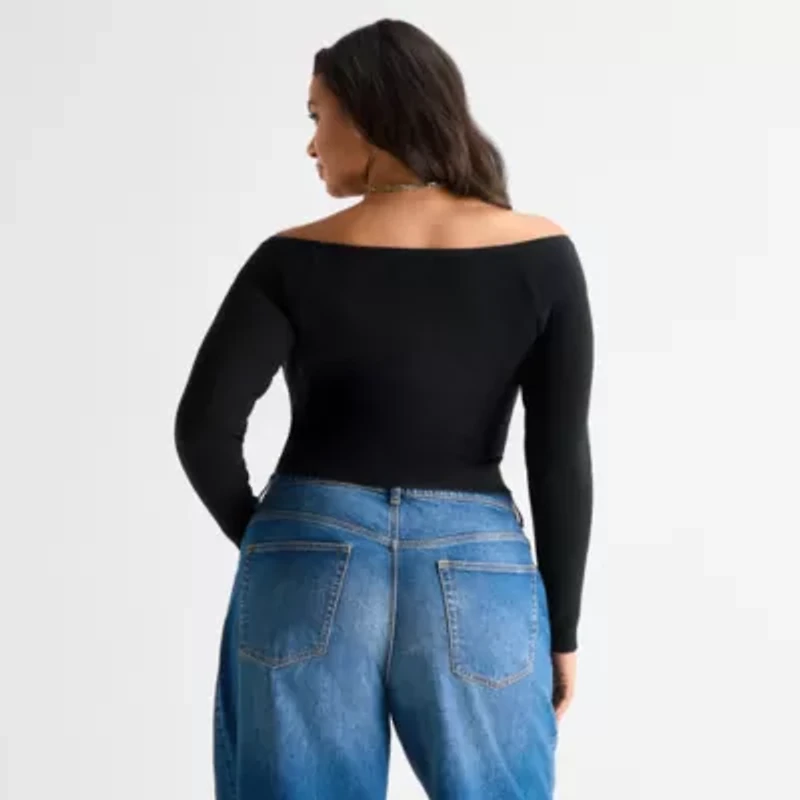 Ashley Graham Womens Plus Off the Shoulder Long Sleeve Top
