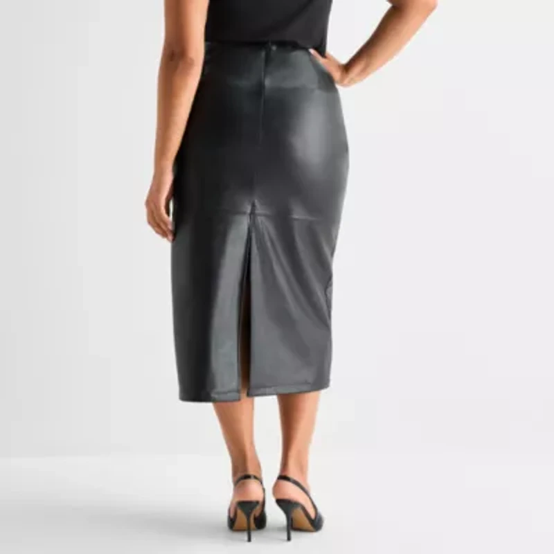 Ashley Graham Womens Plus Long Faux Leather Pencil Skirt
