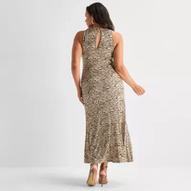 Ashley Graham Womens Plus Sleeveless Animal Maxi Dress