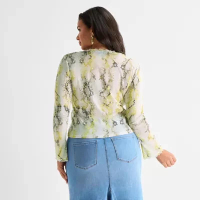 Ashley Graham Womens Plus V Neck Long Sleeve Blouse