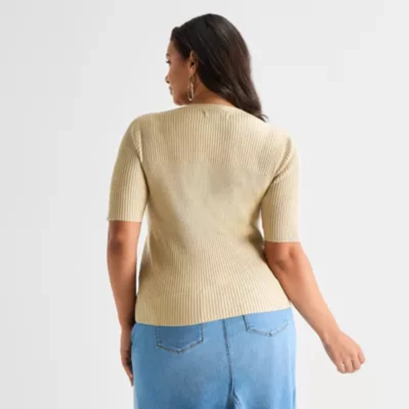 Ashley Graham Plus Womens V Neck Elbow Sleeve Pullover Sweater