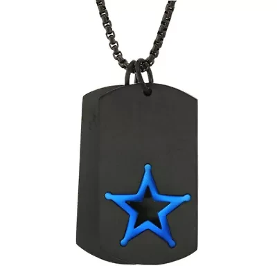 "Blue Lives Matter" Mens Stainless Steel Dog Tag Star 24 Inch Pendant Necklace