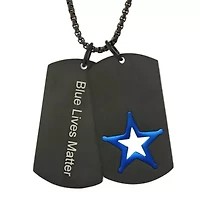 "Blue Lives Matter" Mens Stainless Steel Dog Tag Star 24 Inch Pendant Necklace