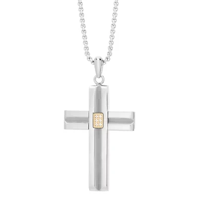 Mens Cubic Zirconia Stainless Steel Cross 24 Inch Pendant Necklace