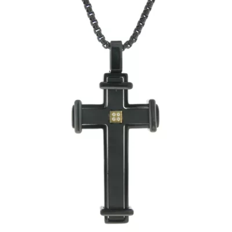 Mens Cubic Zirconia Stainless Steel Cross 24 Inch Pendant Necklace