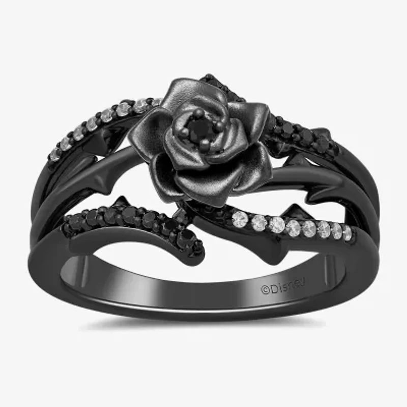 Enchanted Disney Fine Jewelry Villains Womens 1/5 CT. Natural Black Diamond Sterling Silver Flower Maleficent Sleeping Beauty Side Stone Cocktail Ring