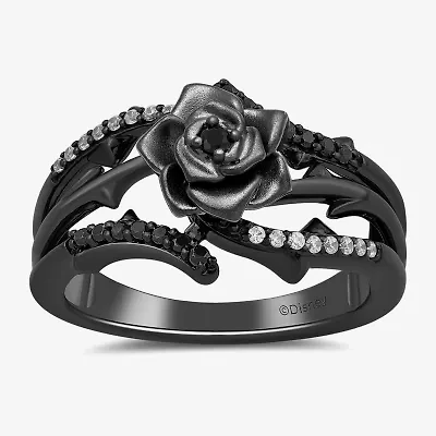 Enchanted Disney Fine Jewelry Villains Womens 1/5 CT. Natural Black Diamond Sterling Silver Flower Maleficent Sleeping Beauty Side Stone Cocktail Ring