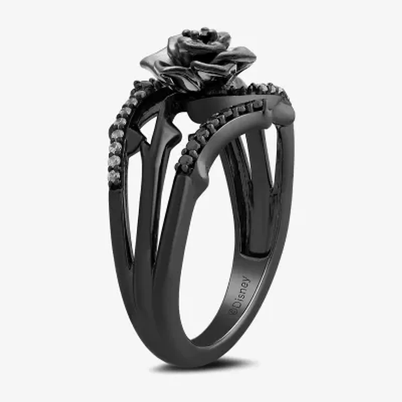 Enchanted Disney Fine Jewelry Villains Womens 1/5 CT. Natural Black Diamond Sterling Silver Flower Maleficent Sleeping Beauty Side Stone Cocktail Ring