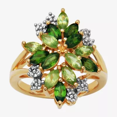 Womens Genuine Green Peridot 18K Gold Over Silver Flower Cluster Cocktail Ring