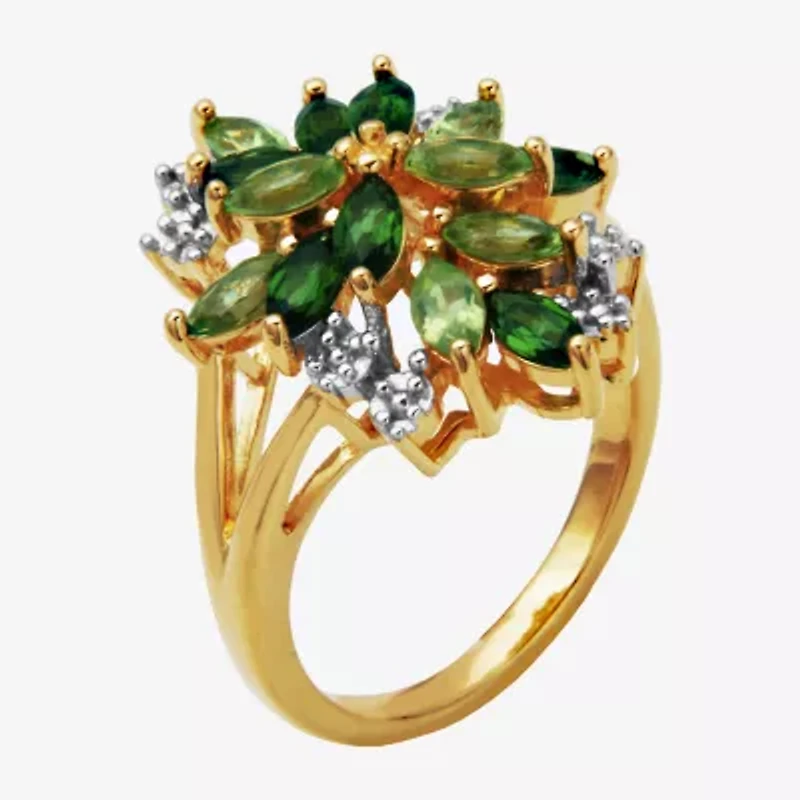 Womens Genuine Green Peridot 18K Gold Over Silver Flower Cluster Cocktail Ring