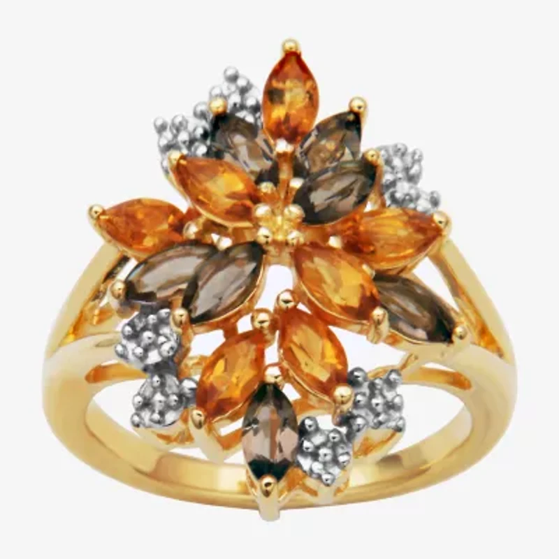 Womens Genuine Yellow Citrine 18K Gold Over Silver Flower Cluster Cocktail Ring
