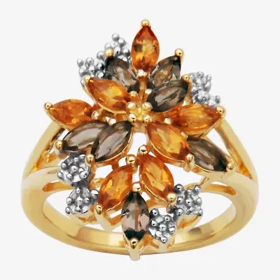 Womens Genuine Yellow Citrine 18K Gold Over Silver Flower Cluster Cocktail Ring