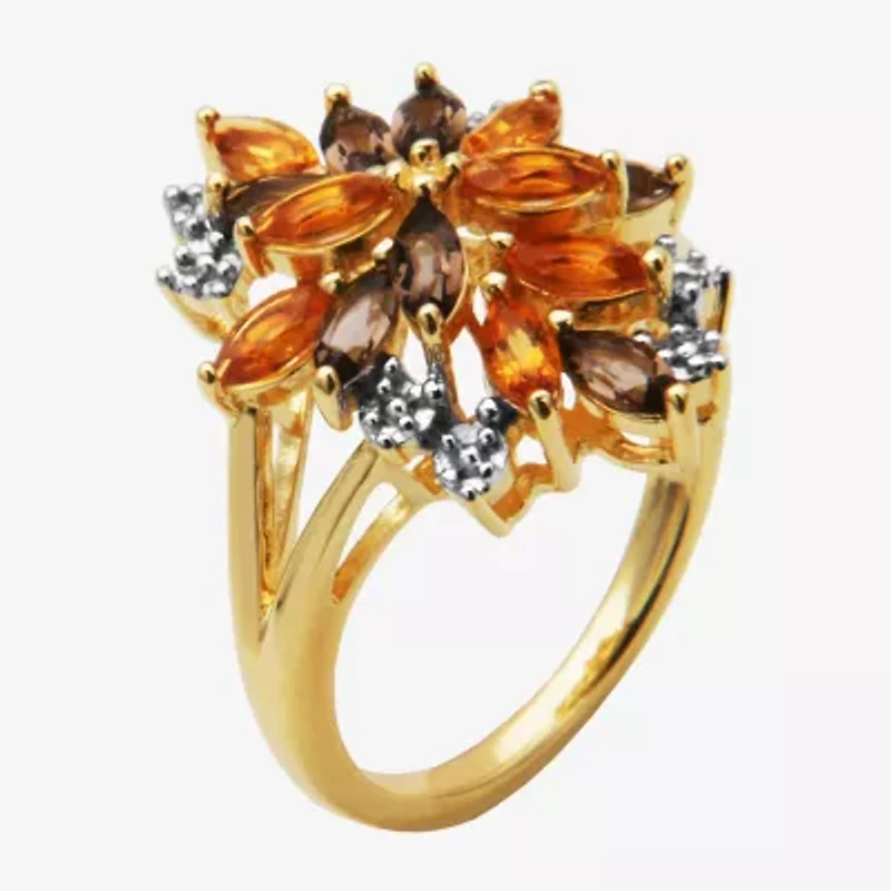Womens Genuine Yellow Citrine 18K Gold Over Silver Flower Cluster Cocktail Ring