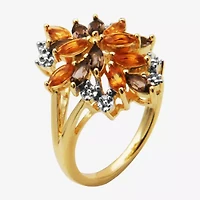 Womens Genuine Yellow Citrine 18K Gold Over Silver Flower Cluster Cocktail Ring