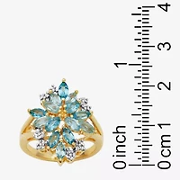 Womens Genuine Blue Topaz 18K Gold Over Silver Flower Cluster Cocktail Ring