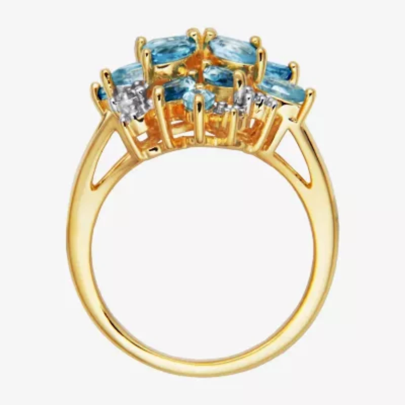 Womens Genuine Blue Topaz 18K Gold Over Silver Flower Cluster Cocktail Ring