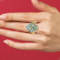 Womens Genuine Blue Topaz 18K Gold Over Silver Flower Cluster Cocktail Ring