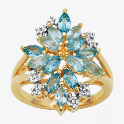 Womens Genuine Blue Topaz 18K Gold Over Silver Flower Cluster Cocktail Ring