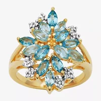Womens Genuine Blue Topaz 18K Gold Over Silver Flower Cluster Cocktail Ring