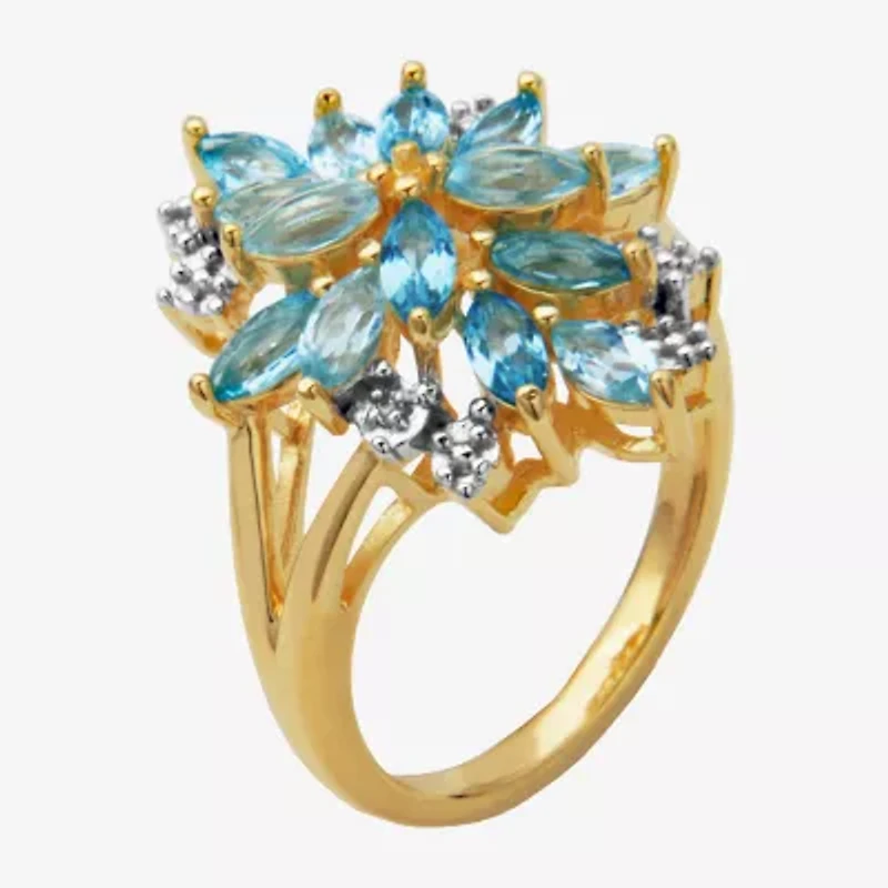 Womens Genuine Blue Topaz 18K Gold Over Silver Flower Cluster Cocktail Ring
