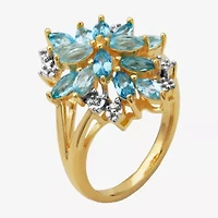 Womens Genuine Blue Topaz 18K Gold Over Silver Flower Cluster Cocktail Ring