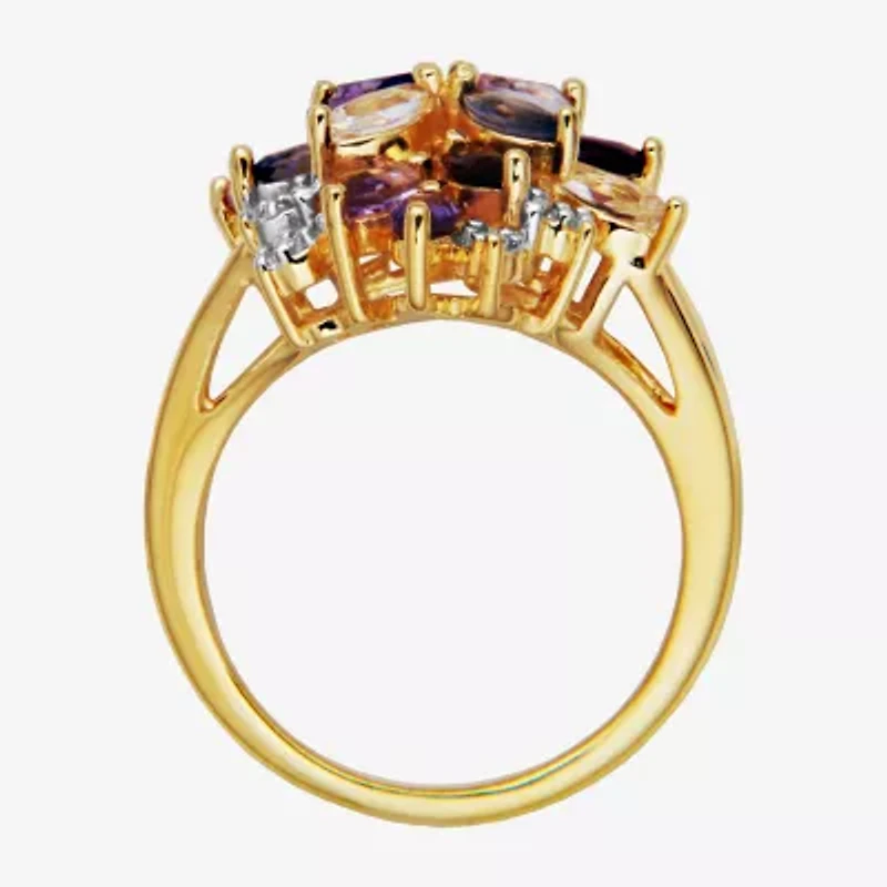 Womens Genuine Purple Amethyst 18K Gold Over Silver Flower Cluster Cocktail Ring